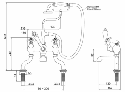 Technical image of Burlington Anglesey Bath Shower Mixer Tap With Kit (Chrome & White).