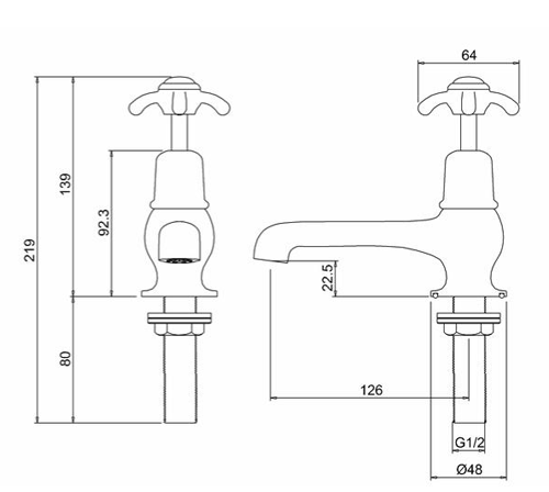 Technical image of Burlington Anglesey Basin Taps 5" (Chrome & White).