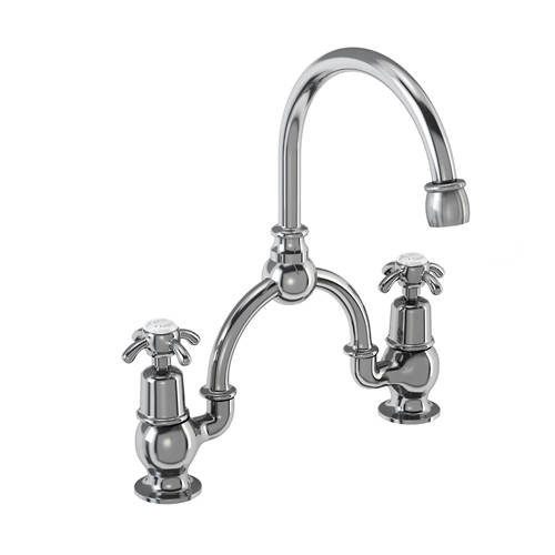 Larger image of Burlington Anglesey 2 Hole Arch Basin Mixer Tap (Chrome & White, 230mm).