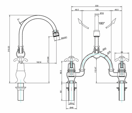 Technical image of Burlington Anglesey 2 Hole Arch Basin Mixer Tap (Chrome & White, 230mm).