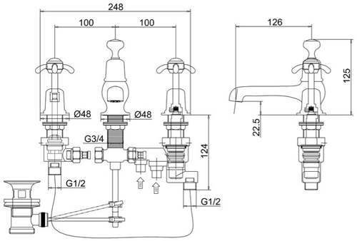 Technical image of Burlington Anglesey 3 Hole Thermostatic Basin Tap (Chrome & White).