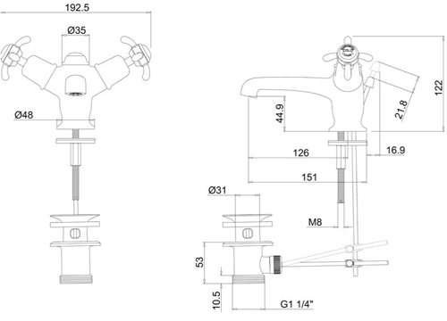 Technical image of Burlington Anglesey Basin Tap With Pop Up Waste (Chrome & White).