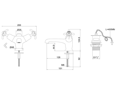 Technical image of Burlington Anglesey Basin Tap With Plug & Chain Waste (Chrome & White).