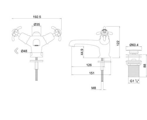 Technical image of Burlington Anglesey Basin Tap With Click Clack Waste (Chrome & White).