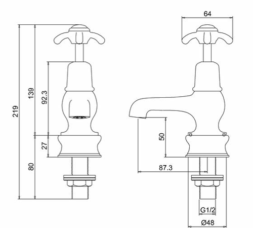 Technical image of Burlington Anglesey Basin Taps 3" (Chrome & White).