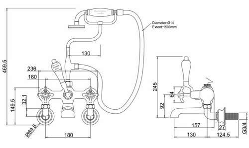 Technical image of Burlington Anglesey Wall Mounted BSM Tap With Kit (Chrome & White).