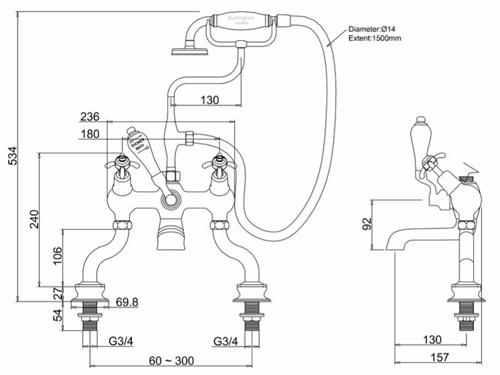 Technical image of Burlington Anglesey Bath Shower Mixer Tap With Kit (Chrome & White).