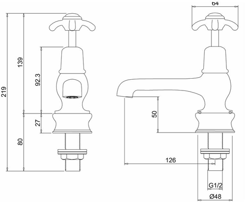 Technical image of Burlington Anglesey Basin Taps 5" (Chrome & White).