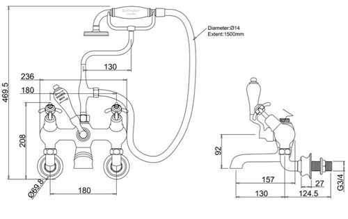 Technical image of Burlington Anglesey Wall Mounted Angled BSM Tap (Chrome & White).