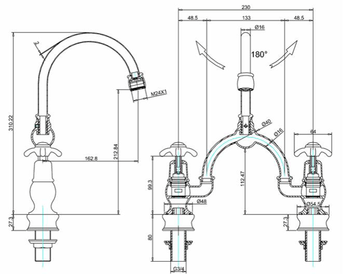 Technical image of Burlington Anglesey 2 Hole Arch Basin Mixer Tap (Chrome & White, 230mm).