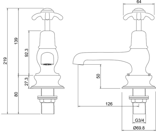 Technical image of Burlington Anglesey Bath Taps (Chrome & White).