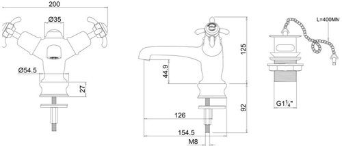 Technical image of Burlington Anglesey Basin Tap With Plug & Chain Waste (Chrome & White).