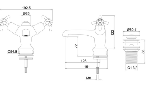 Technical image of Burlington Anglesey Basin Tap With Click Clack Waste (Chrome & White).