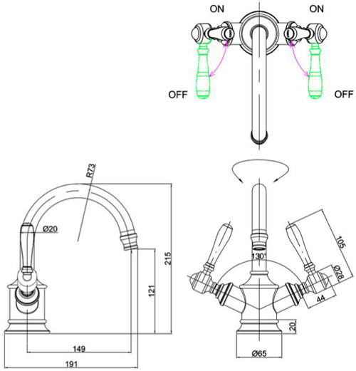 Technical image of Burlington Arcade Basin Mixer Tap With Lever Handles (Chrome & White).