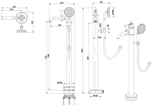 Technical image of Burlington Arcade Floor Standing BSM Tap, Lever Handle (Chrome & White).
