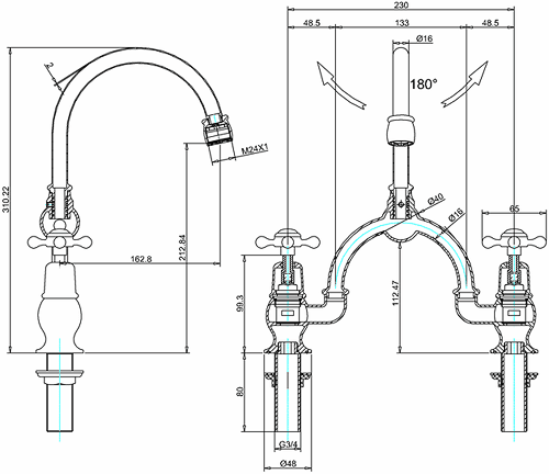 Technical image of Burlington Claremont 2 Hole Arch Basin Mixer Tap (Chrome & White, 230mm).