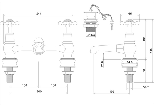 Technical image of Burlington Claremont 2 Hole Basin Mixer Tap With Waste (Chrome & White).
