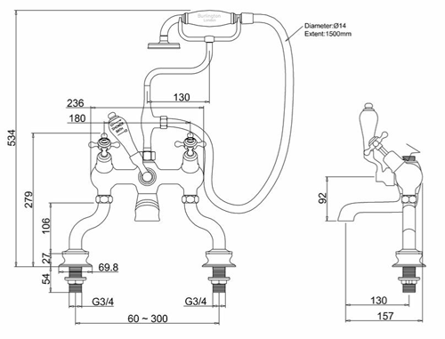 Technical image of Burlington Claremont Bath Shower Mixer Tap With Kit (Chrome & White).