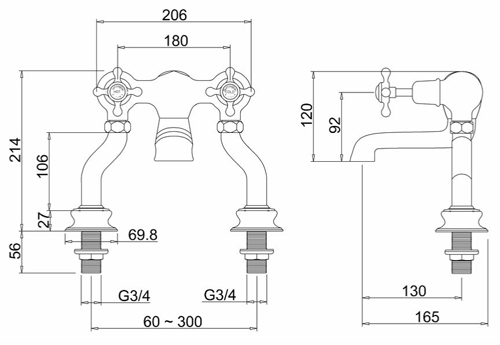 Technical image of Burlington Claremont Bath Filler Tap (Chrome & White).