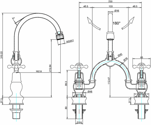 Technical image of Burlington Claremont 2 Hole Arch Basin Mixer Tap (Chrome & White, 230mm).