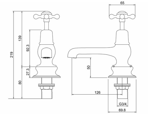 Technical image of Burlington Claremont Bath Taps (Chrome & White).