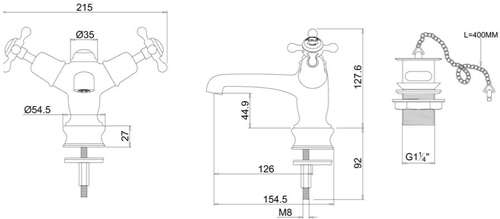 Technical image of Burlington Claremont Basin Tap With Plug & Chain Waste (Chrome & White).