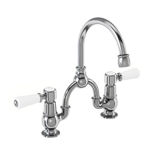 Larger image of Burlington Kensington 2 Hole Arch Basin Mixer Tap (Chrome & White, 200mm).
