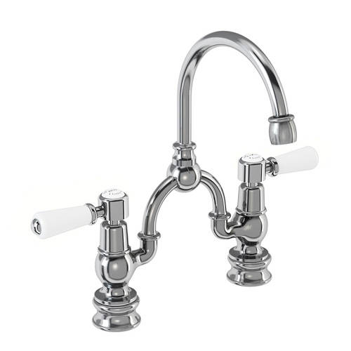 Larger image of Burlington Kensington 2 Hole Arch Basin Mixer Tap (Chrome & White, 200mm).