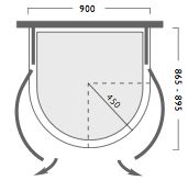 Technical image of Image Allure 900x900 D-Shaped quadrant shower enclosure and shower tray.