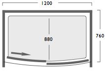 Technical image of Image Ultra 1200x760 bow shaped jumbo shower enclosure with shower tray.