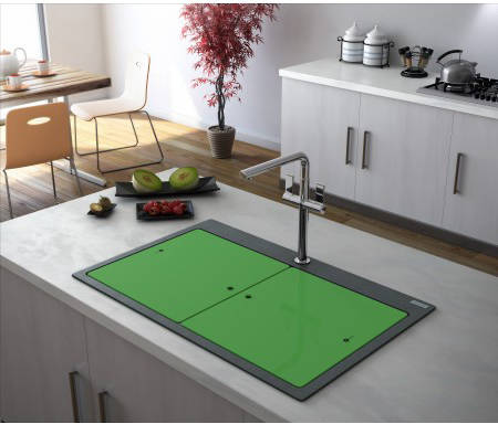 Example image of Carron Phoenix Double Bowl Granite Sink & Green Glass 802x520mm (Black).