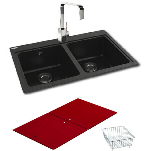 Larger image of Carron Phoenix Double Bowl Granite Sink & Red Glass 802x520mm (Black).
