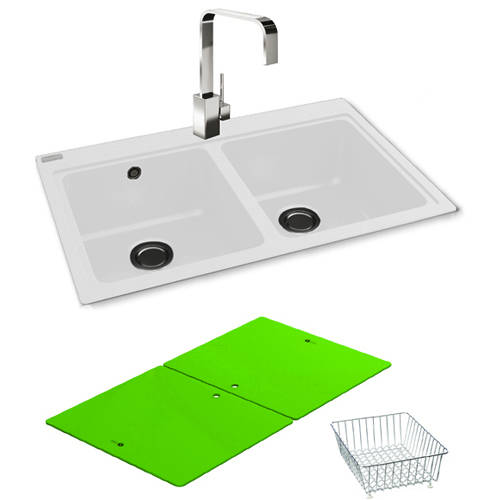 Larger image of Carron Phoenix Double Bowl Granite Sink & Green Glass 802x520mm (White).