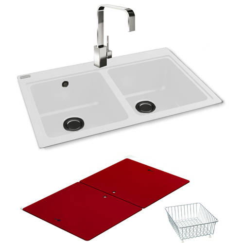 Larger image of Carron Phoenix Double Bowl Granite Sink & Red Glass 802x520mm (White).