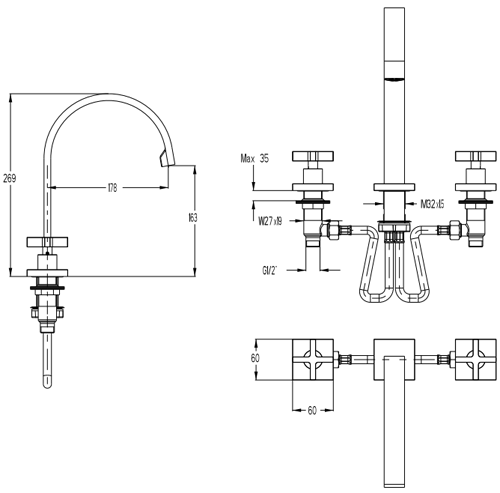 Technical image of Crosswater Alvero 3 Hole Basin Mixer Tap With Crosshead Handles.