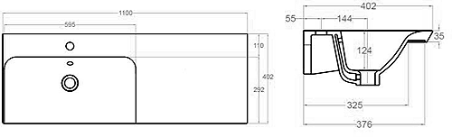 Technical image of Crosswater Arena Vanity Unit With Ceramic Basin (1000mm, Grey Matt, LH).