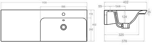 Technical image of Crosswater Arena Vanity Unit With Ceramic Basin (1000mm, Grey Matt, RH).