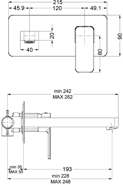 Technical image of Crosswater Atoll Wall Mounted Basin & 2 Hole BSM Tap Pack (Chrome).