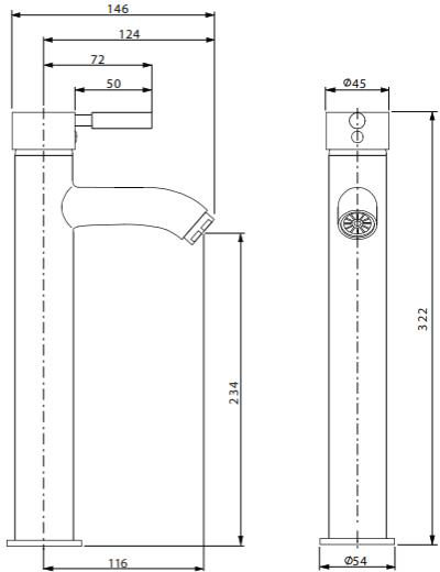 Technical image of Crosswater Design Tall Monoblock Basin Tap (Chrome).