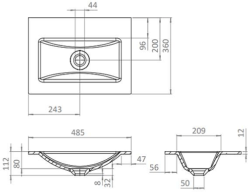 Technical image of Crosswater Flute Vanity Unit With White Glass Basin (475mm, Navarra Oak, 0TH).