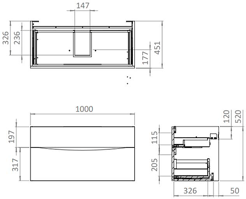 Technical image of Crosswater Glide II Vanity Unit With Black Glass Basin (1000mm, Nordic Oak, 1TH).