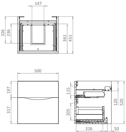 Technical image of Crosswater Glide II Vanity Unit With Black Glass Basin (500mm, Matt Black, 1TH).