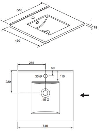Technical image of Crosswater Glide II Vanity Unit With Ceramic Basin (500mm, Nordic Oak, 1TH).