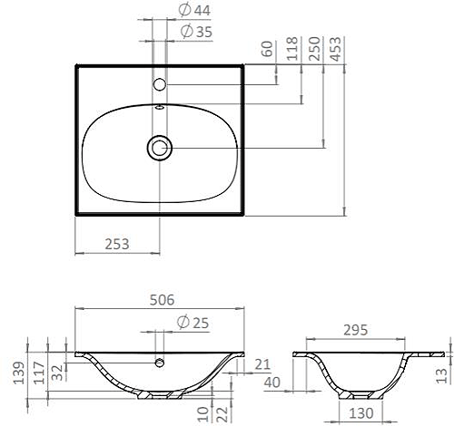 Technical image of Crosswater Glide II Vanity Unit With White Cast Basin (500mm, Nordic Oak, 1TH).