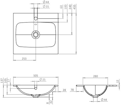 Technical image of Crosswater Glide II Vanity Unit With Black Glass Basin (500mm, Storm Grey, 1TH).