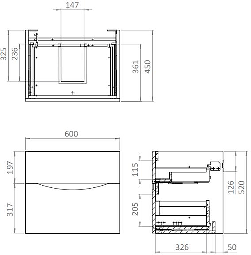 Technical image of Crosswater Glide II Vanity Unit With White Cast Basin (600mm, Nordic Oak, 1TH).