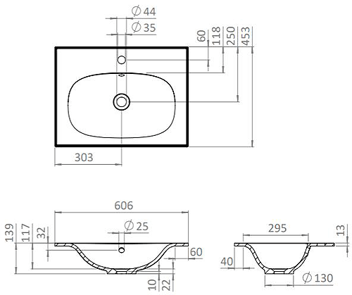 Technical image of Crosswater Glide II Vanity Unit With White Cast Basin (600mm, Nordic Oak, 1TH).