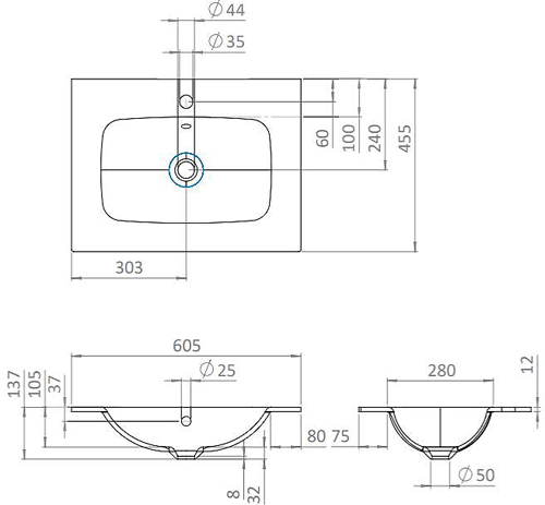 Technical image of Crosswater Glide II Vanity Unit With Black Glass Basin (600mm, Steelwood, 1TH).
