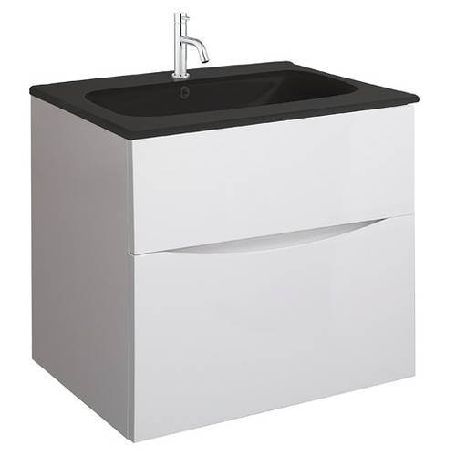 Larger image of Crosswater Glide II Vanity Unit With Black Glass Basin (600mm, White Gloss, 1TH).