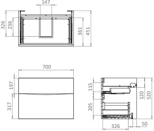 Technical image of Crosswater Glide II Vanity Unit With Marble Worktop (700mm, Nordic Oak).